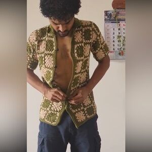 NEW Unisex Handmade in India Green and Cream Crochet Sweater